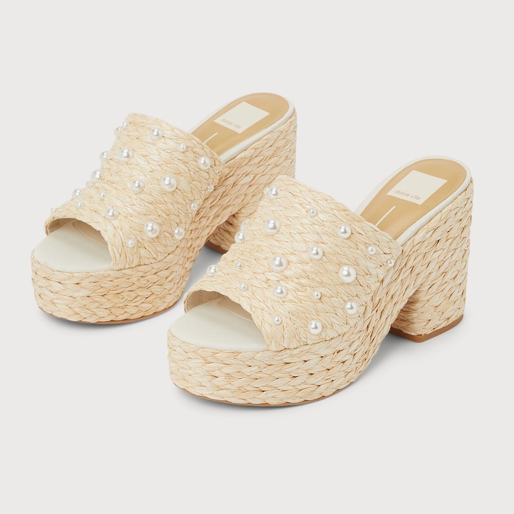 Dolce Vita Elora Pearl Light Natural Raffia Platform Slide Sandals In Tan